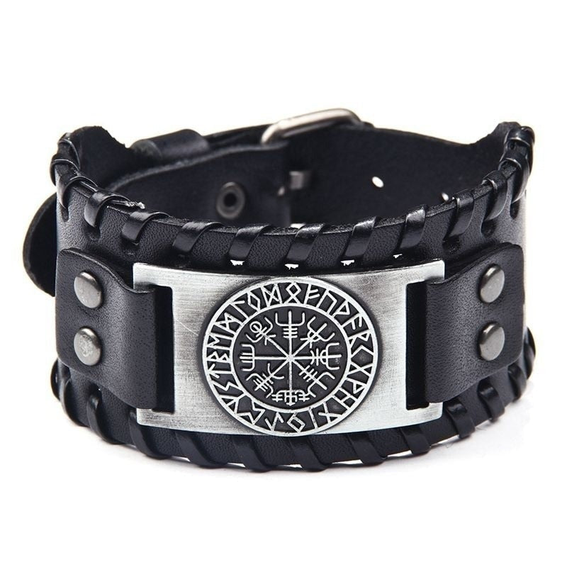 Toten Design Nordic Viking Odin Compass Bracelet for Man Hand-Woven Wide Leather Wristband Adjustable Bangles Punk Jewelry - Monster Treasures