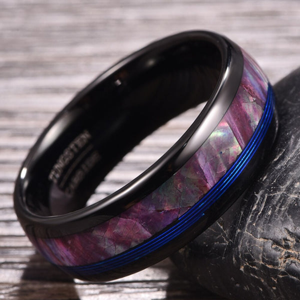 BONLAVIE 8mm Tungsten Carbide Steel Ring Black Purple Shell Opal Blue Guitar String Ring Men&#39;s Jewelry Size 7-12 - Dragon Treasures