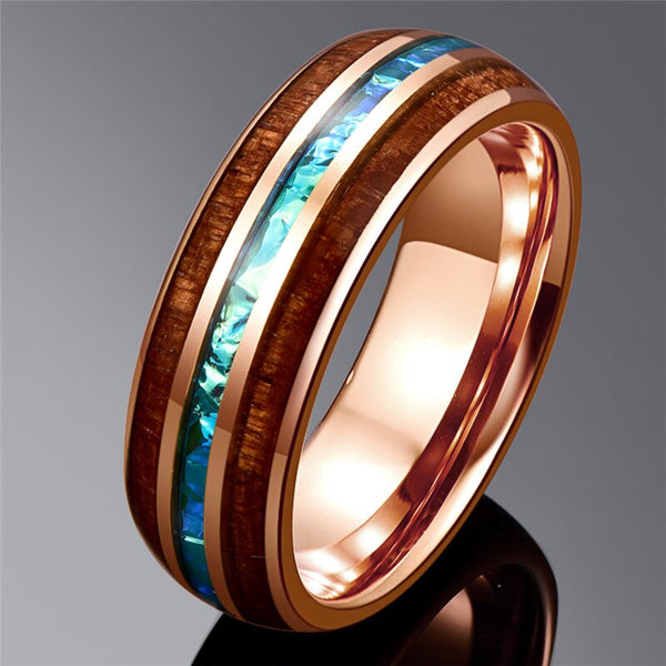 BONLAVIE Wood Tungsten Carbide Ring For Men 6MM Rose Gold Color Acacia Imitation Opal Dome tungsten Steel Ring Anillo Hombre - Dragon Treasures