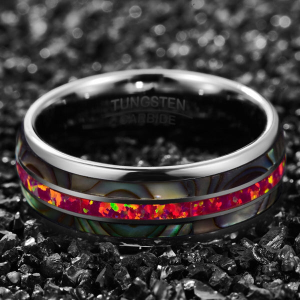 BONLAVIE Tungsten Carbide Ring 8mm Dome Steel Inlaid with Two Abalone Shells + Deep Magenta Opal Tungsten Steel Ring Comfort Fit - Dragon Treasures