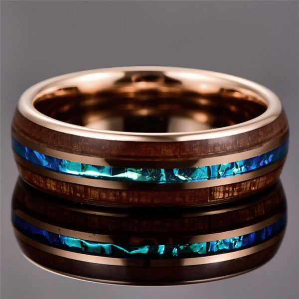BONLAVIE Wood Tungsten Carbide Ring For Men 6MM Rose Gold Color Acacia Imitation Opal Dome tungsten Steel Ring Anillo Hombre - Dragon Treasures